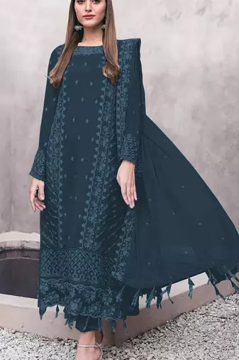 Teal embroidered faux georgette suit 