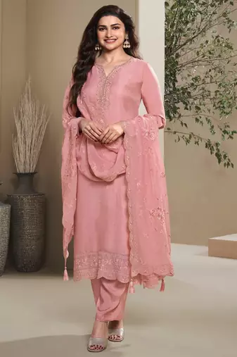 Peach heavy natural crepe semi stitched suit with embroidery & zarkhan work