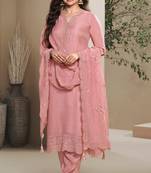 Peach heavy natural crepe semi stitched suit with embroidery & zarkhan work