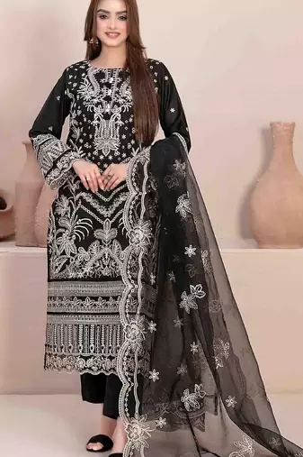 Black faux georgette semi stitched suit with embroidery work