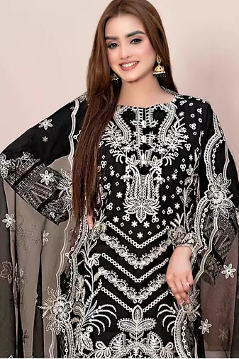 Black faux georgette suit with embroidery 