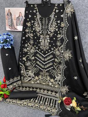 Black faux georgette suit with embroidery  3