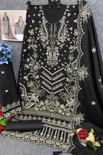 Black faux georgette suit with embroidery 