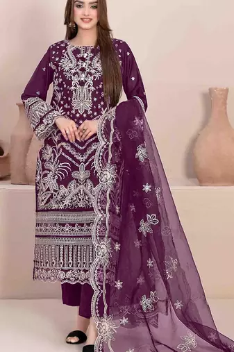 Purple embroidered faux georgette suit 