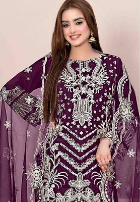Purple embroidered faux georgette suit  2