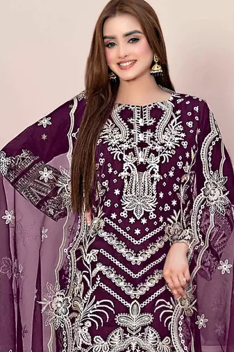 Purple embroidered faux georgette suit 