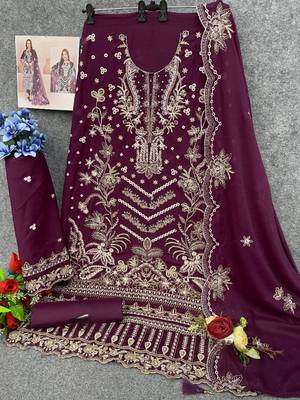 Purple embroidered faux georgette suit  3