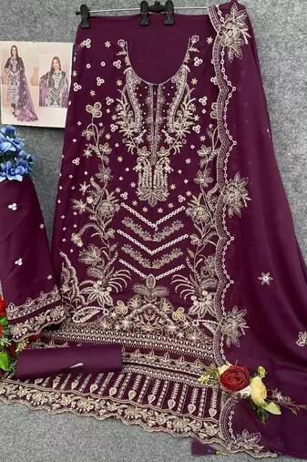 Purple embroidered faux georgette suit 