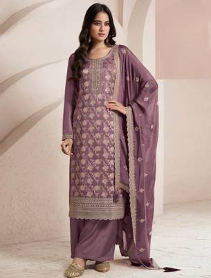 Purple viscose muslin suit with sequin & zari  1