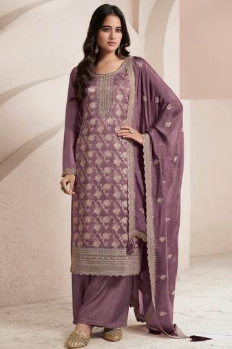 Purple viscose muslin semi stitched suit with sequence & zari work