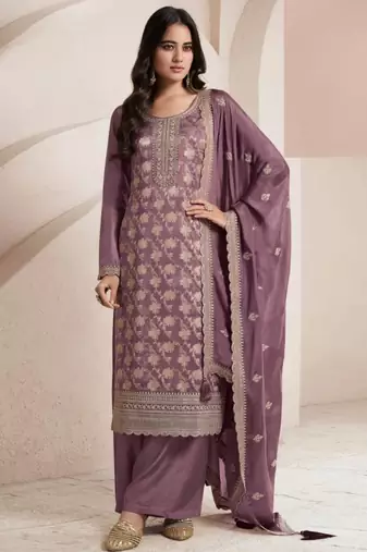 Purple viscose muslin semi stitched suit with sequence & zari work
