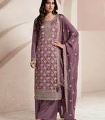 Purple viscose muslin semi stitched suit with sequence & zari work