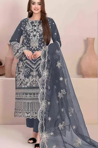 Grey embroidered faux georgette suit 