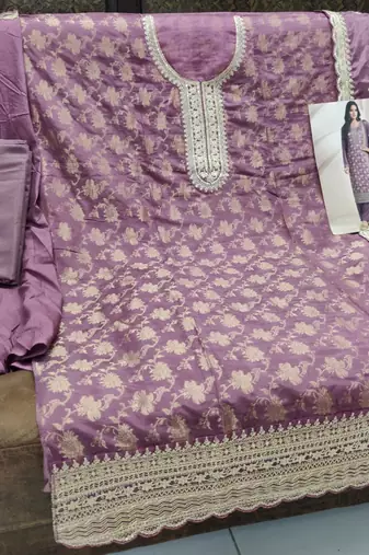 Purple viscose muslin suit with sequin & zari 
