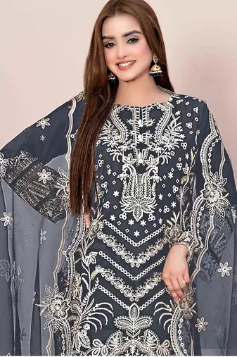 Grey embroidered faux georgette suit 