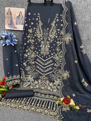 Grey embroidered faux georgette suit  3