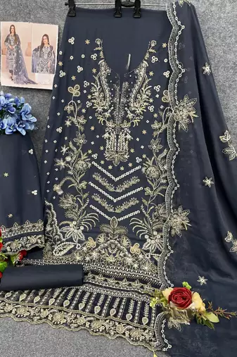 Grey embroidered faux georgette suit 