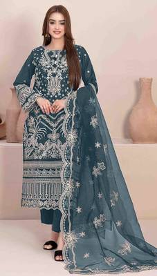 Teal embroidered faux georgette suit  1