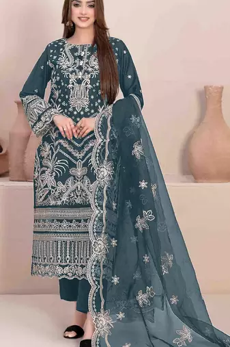 Teal embroidered faux georgette suit 