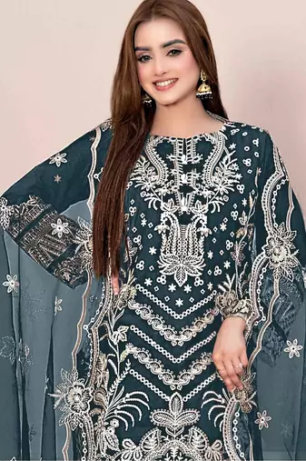 Teal embroidered faux georgette suit 