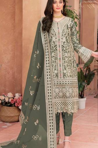 Green heavy organza semi stitched suit with embroidery work