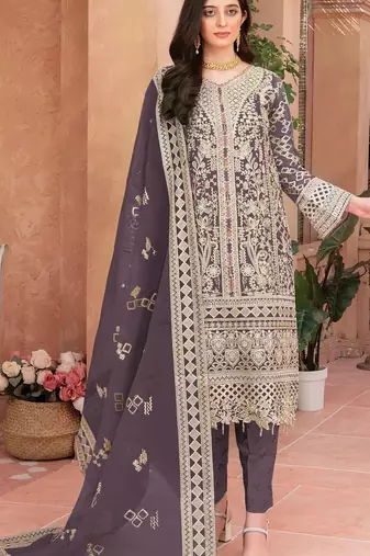 Purple heavy organza semi stitched suit with embroidery work