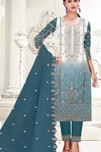 Blue heavy organza semi stitched suit with embroidery work