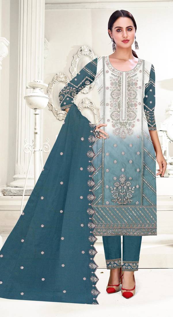 Blue heavy organza semi stitched suit with embroidery work