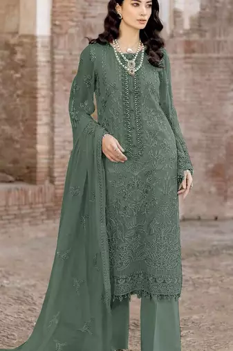 Green faux georgette semi stitched suit with embroidery work