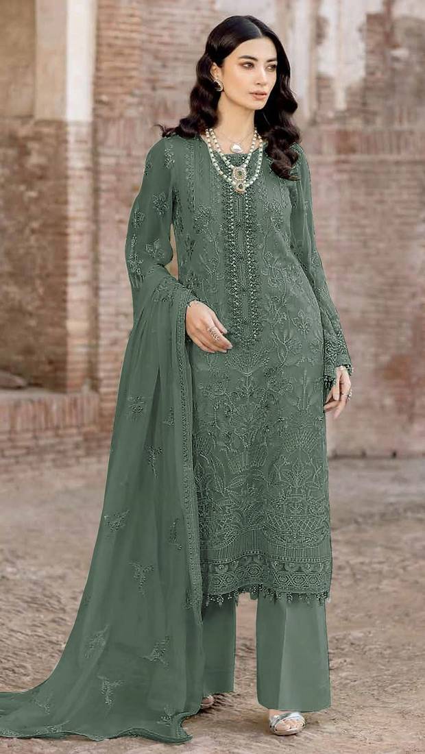 Green faux georgette semi stitched suit with embroidery work