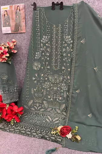 Green faux georgette suit with embroidery 