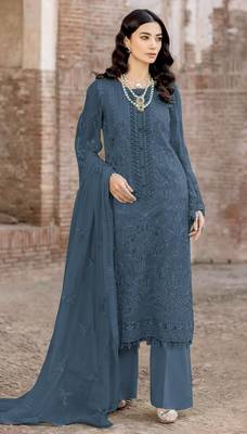 Blue embroidered faux georgette suit  1