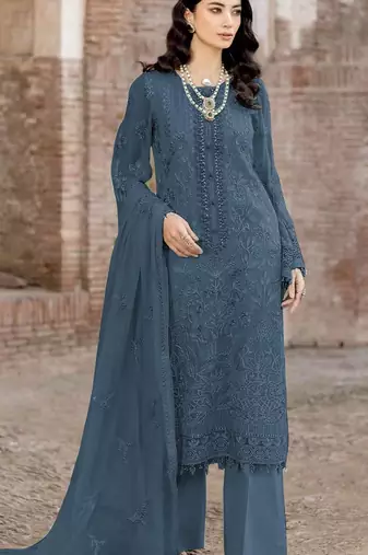 Blue embroidered faux georgette suit 