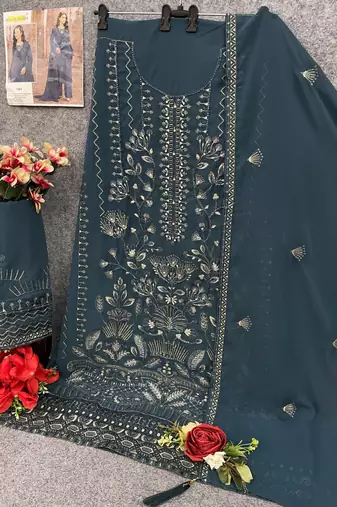 Blue embroidered faux georgette suit 