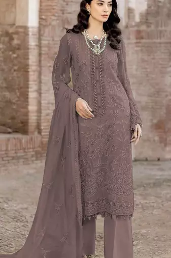 Brown embroidered faux georgette suit 