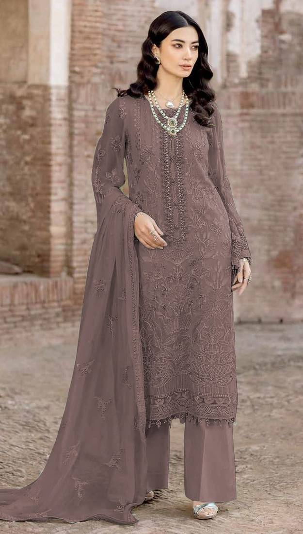 Brown embroidered faux georgette suit 