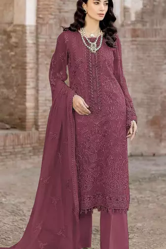 Maroon embroidered faux georgette suit 