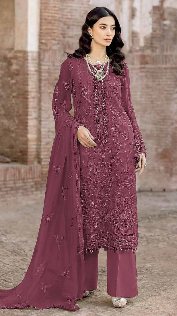 Maroon embroidered faux georgette suit 