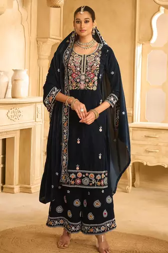 Dark blue embroderied velvet semi-stitched plazo suit