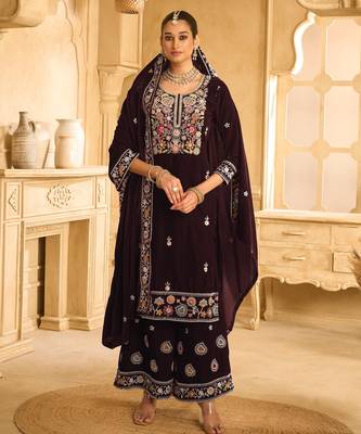 Maroon embroderied velvet palazzo suit 1