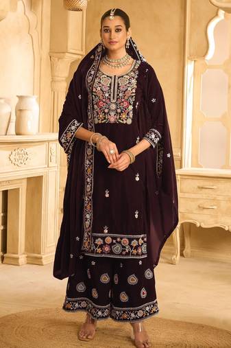 Maroon embroderied velvet palazzo suit
