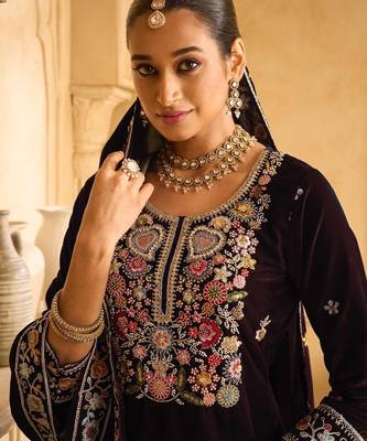 Maroon embroderied velvet palazzo suit 2