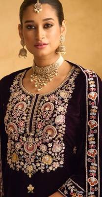 Dark maroon embroderied with beads velvet semi-stitched plazo suit 2