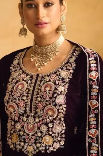 Dark maroon embroderied with beads velvet semi-stitched plazo suit
