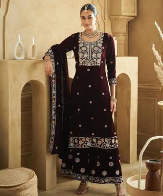 Purple embroderied velvet semi-stitched plazo suit 1