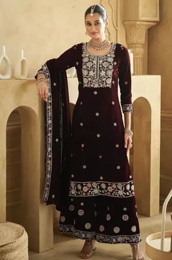 Purple embroderied work velvet semi-stitched plazo suit
