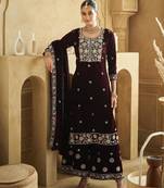 Purple embroderied work velvet semi-stitched plazo suit