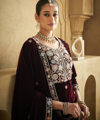 Purple embroderied velvet semi-stitched plazo suit 2