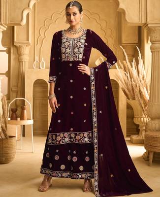 Maroon embroderied velvet palazzo suit 1