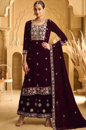Maroon embroderied work velvet palazzo suit